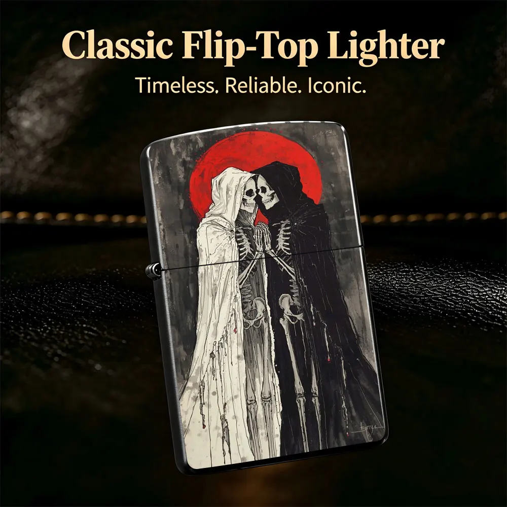 Pocket Lighter, Skeleton Black & White Painting with Red Sun Background, Flip-Top Windproof Design, Metal Case, Comfortable Grip, Portable Igniter