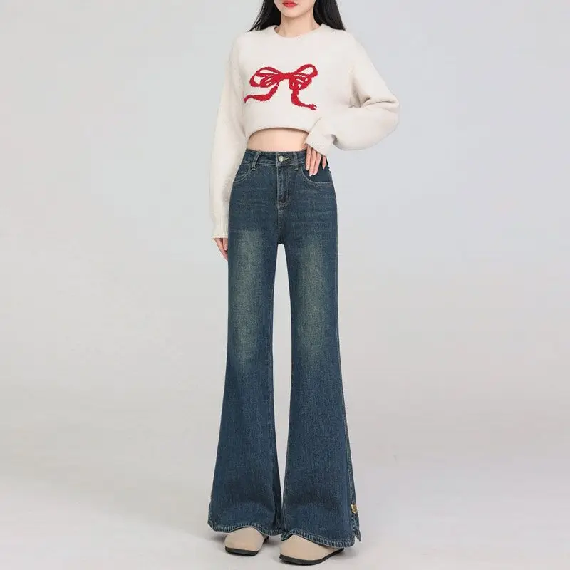2026 Spring American High Waist Split Micro Flared Jeans for Women Slim Fit and Slimming Flared Pants temperament Denim Trousers