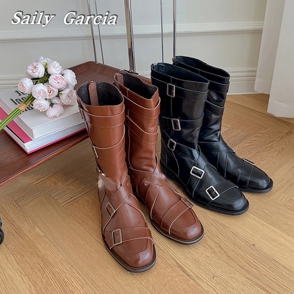 Genuine Leather Retro Classic Belt Buckle Strap Motorcycle Boots New Maillard Outfit Slip On Short Boots Round Toe Matte Boots