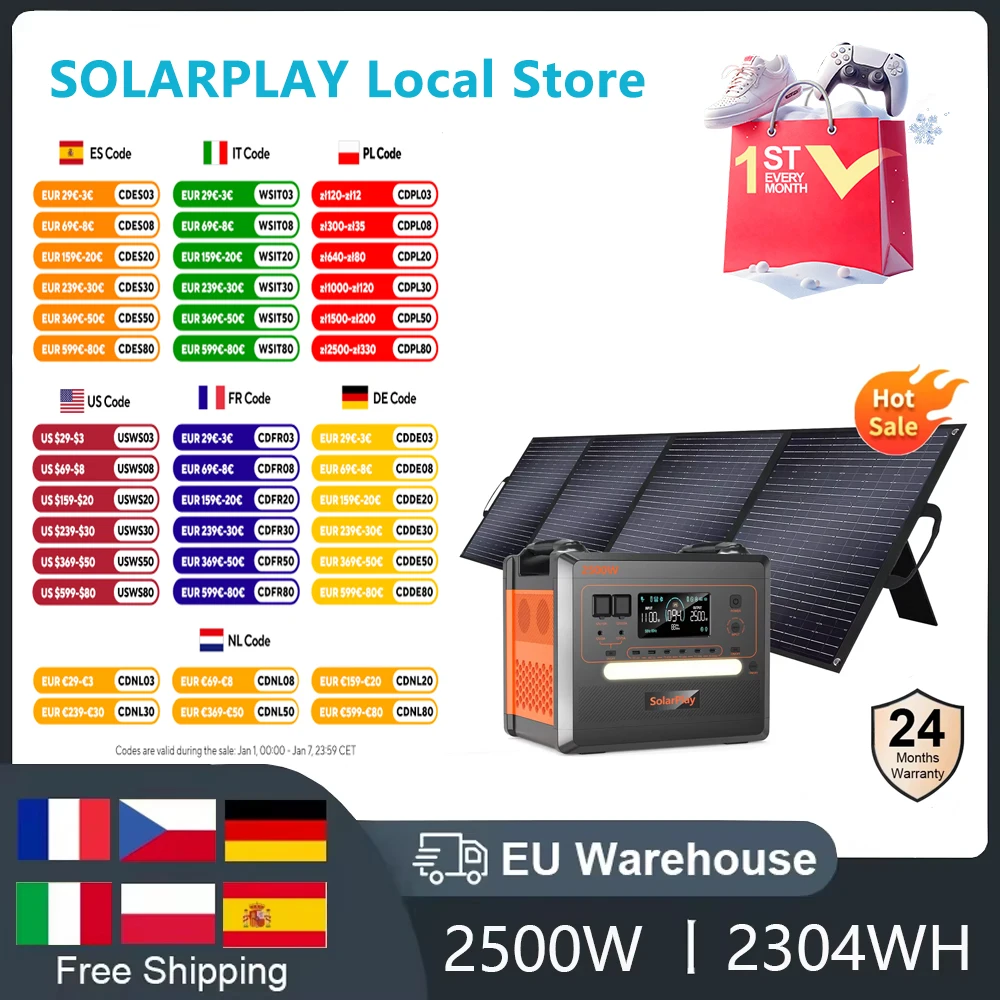 SOLARPLA2500W 2304WH LiFePo4 Portable Solar Power Station Camping Outdoor Generators 220V Battery Backup Mobile 200W Solar Panel