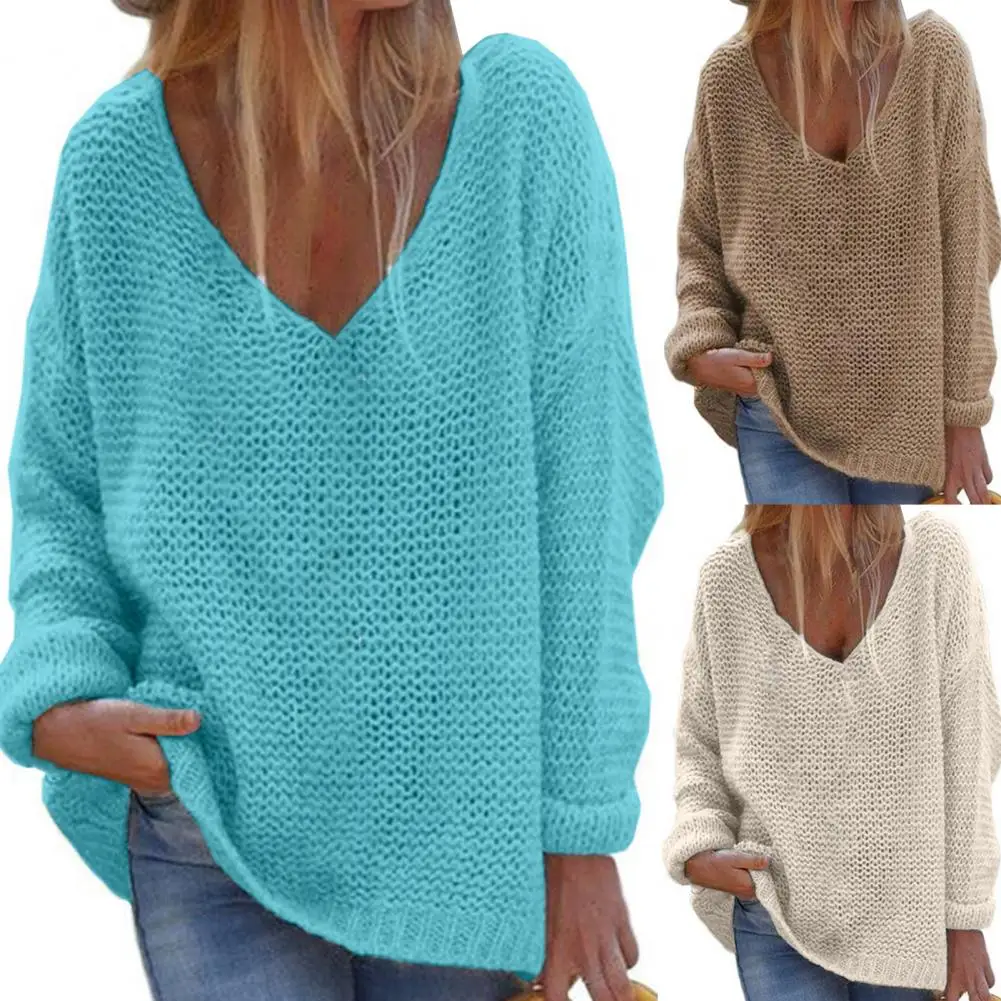 Women Knitted Top Solid Color Autumn Sweater V-Neck Tops Camis Pullover Shirts