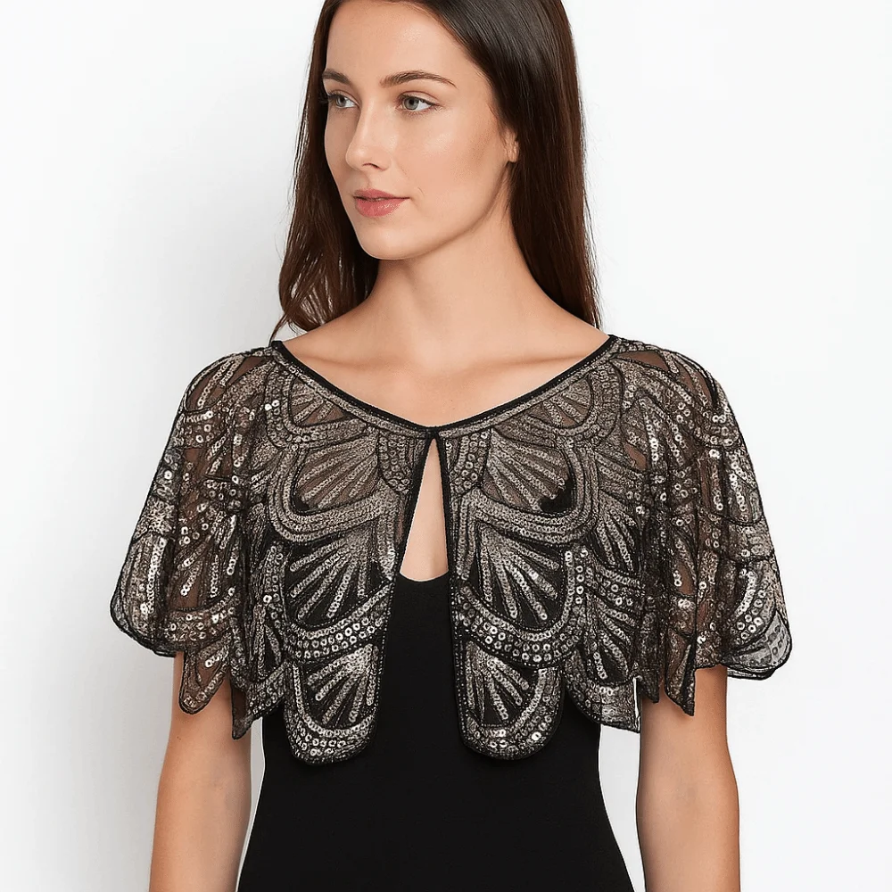 Sparkling Ruffle Sequins Poncho Coat Blingbling 1920s Theme Sequins Shawls Short Cape Mesh Flapper Shawl Party Dinner