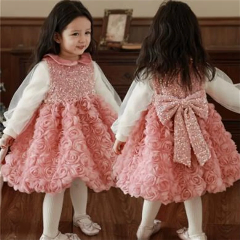 

Girls' dress rose flower new sleeveless sequin bow princess vest dress doll lapel dress