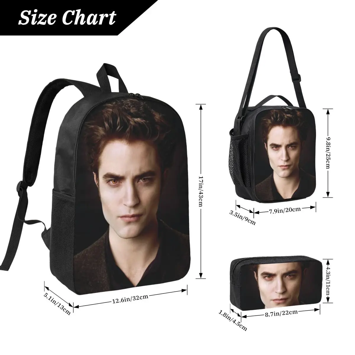 The Twilight Saga Edward Cullen Backpack Student BookBag School Bag Computer Shoulder Bags 3ps Insulated Lunch Bag Pencil Case