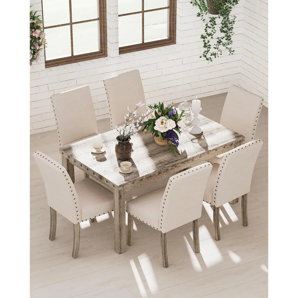 7 Piece Rustic Wooden Dining Set, Mid-Century Modern Table & Chair Set for Spacious Dining Rooms and Entertaining Guests