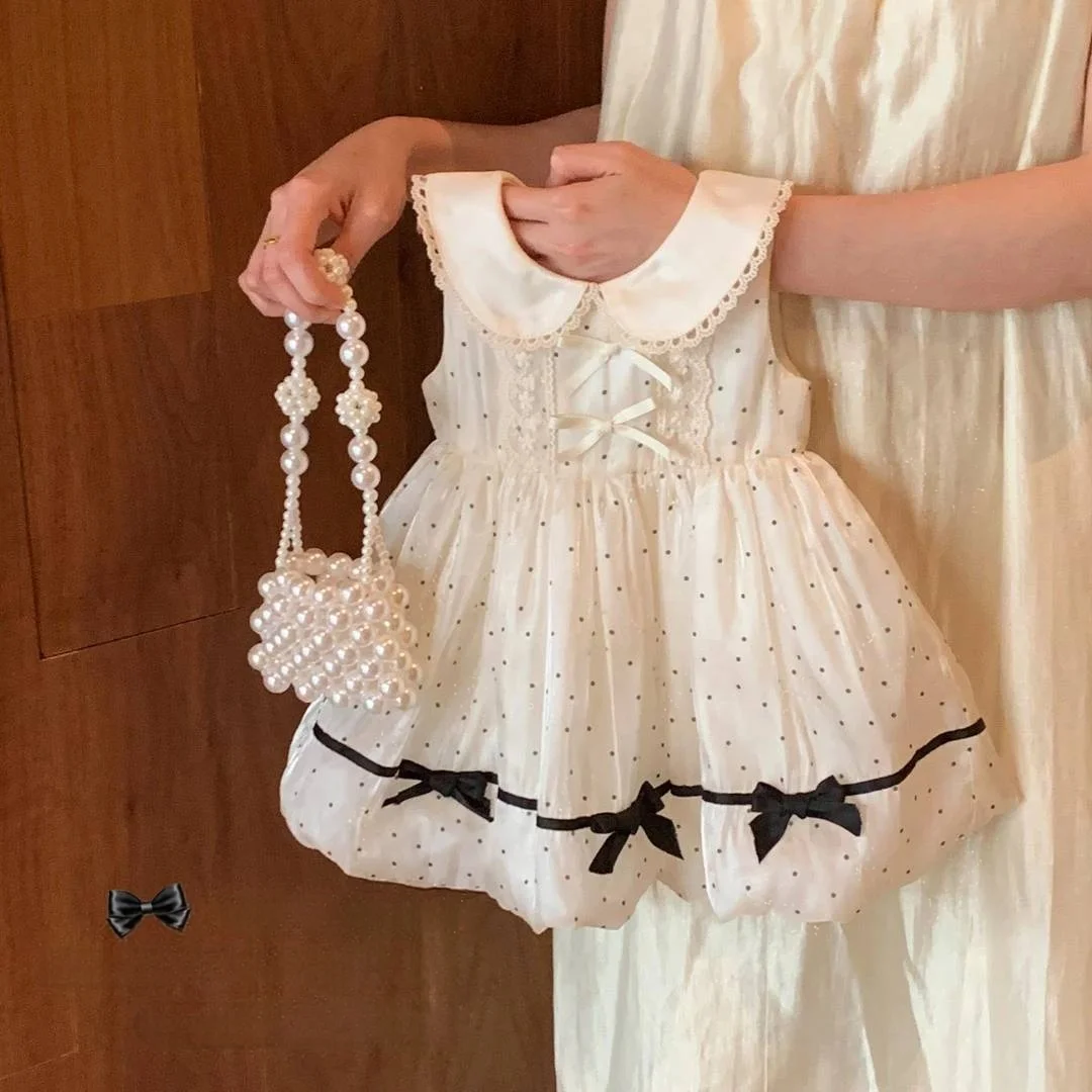 Girls Summer Princess Dress New Fashion Kids Sleeveless Bowknot Polka Dot Tulle Vest Dress Children Birthday Party Gown Clothing