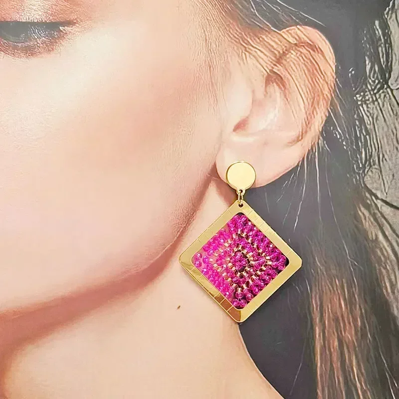 Beaded earrings Crystal Quadrate Geometry Graph Originality Hand knitting Bohemia Alloy Tide Simple Female Rice bead earrings