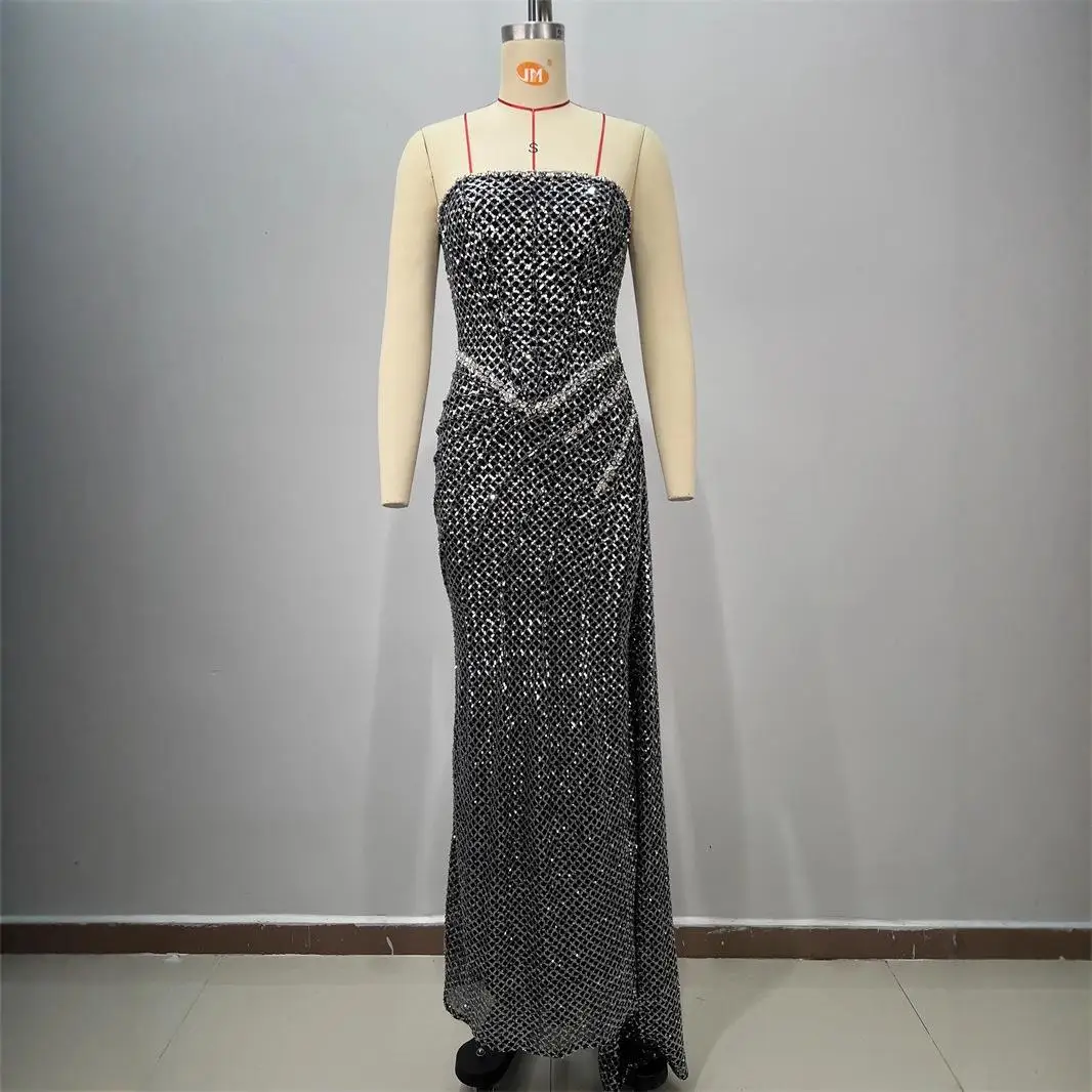   Lange pailletten bruidsmeisje Dr Faionable avondjurk Independent Station grensoverschrijdende taille diamanttextuur geplooid
