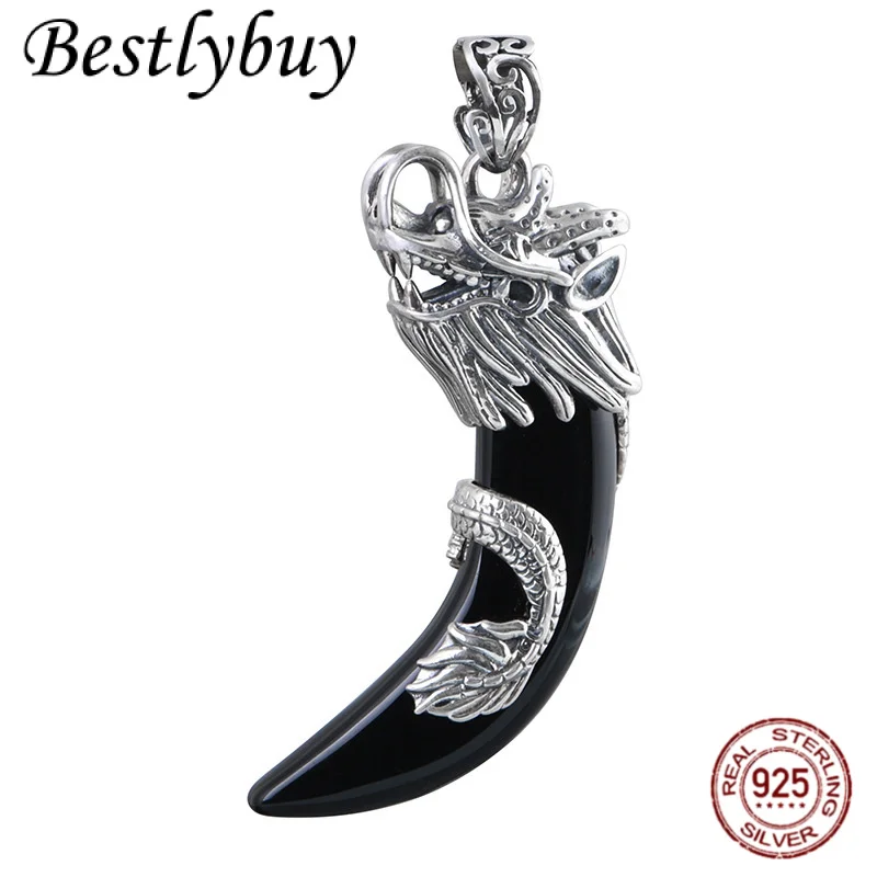 

Новый S925 Серебряный Дракон Кулон Мужской Ретро Натуральный Черный Агат Могучий Волк Зубы Подвеска Ha Xi Рок Ювелирные Изделия