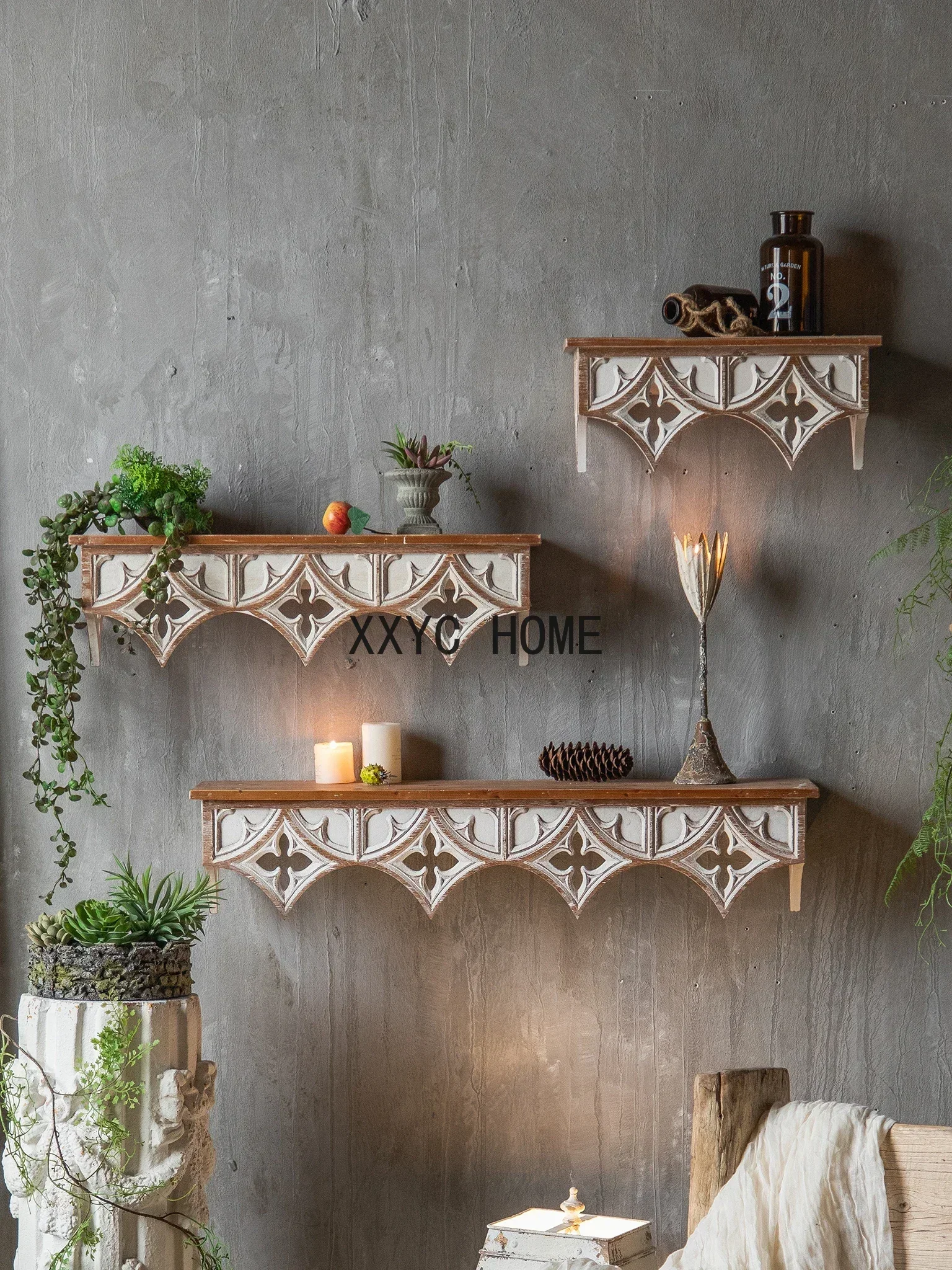 Shelf Background Wall Decoration Shelf Wall Hanging Punch-Free Creative Shelf Art Distressed Wooden Shape