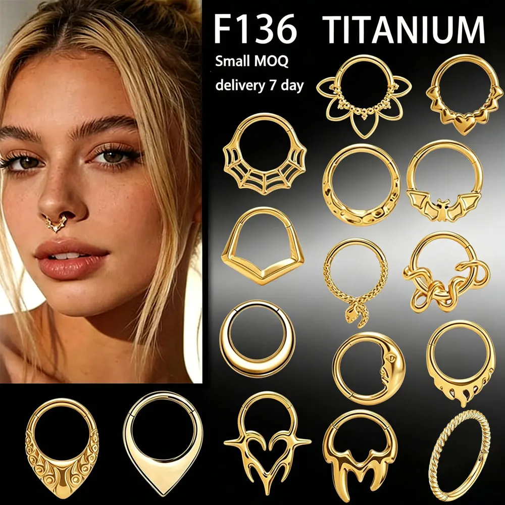 

20pcs/lot G23 Titanium 16G 8mm Septum Rings Easy Open Hinged Hoops Multi-Style Nose Cartilage Piercing Jewelry for Women /men
