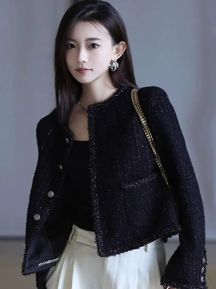 Jmprs Black Slim Women Tweed Jacket Vintage Long Sleeve O Neck Elegant Short Coat Lady Single Breasted Small Fragrance Retro Top