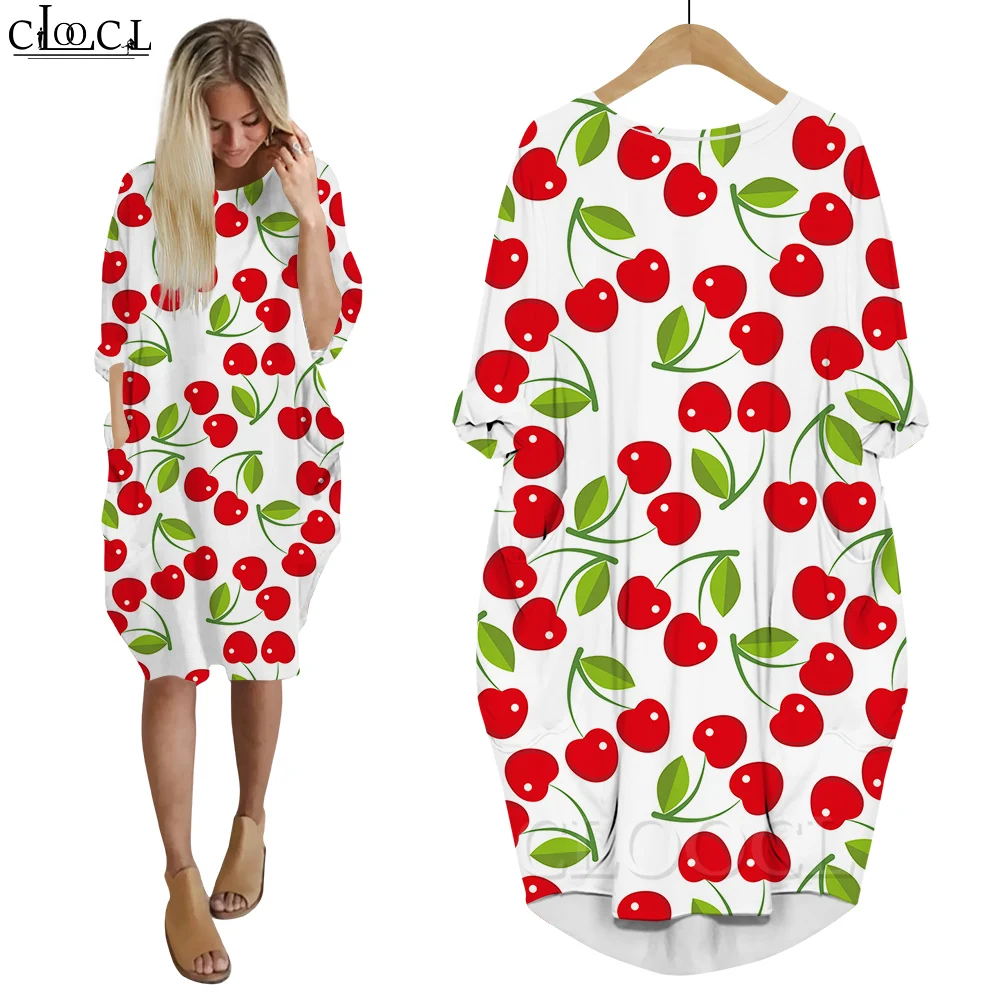 

CLOOCL Dresses Women Harajuku Maxi Dress Long Sleeve Casual Lovely Fruit Cherry Pattern 3D Graphic Crew Neck Sundress Beach