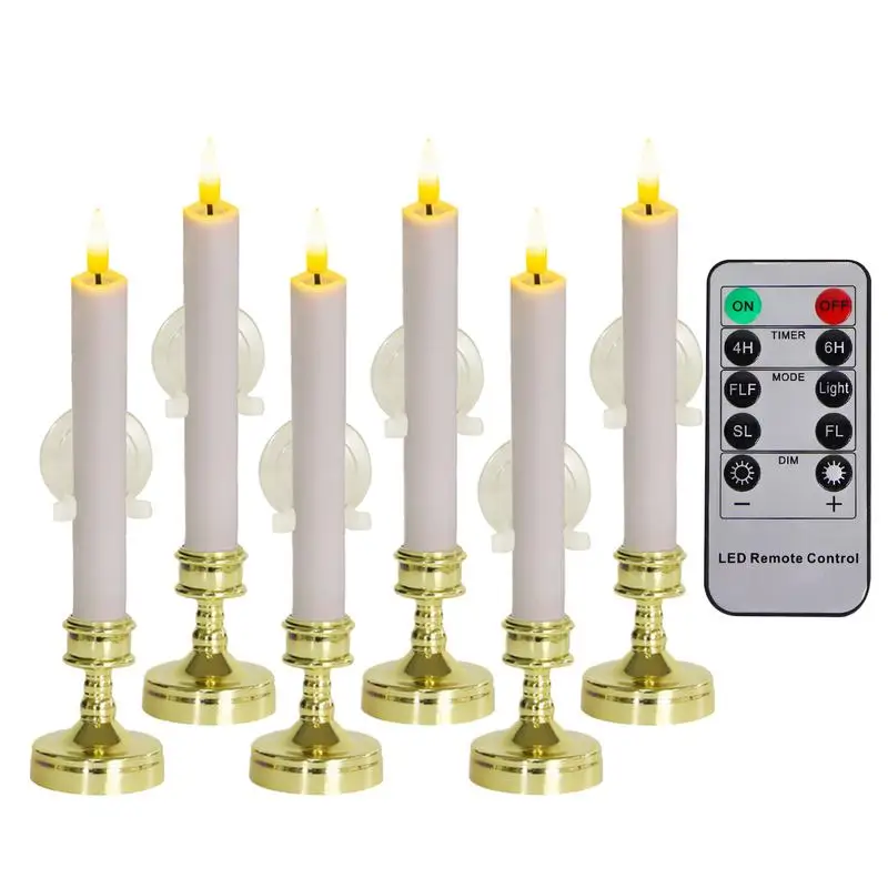 Window Candles Battery Operated 6X Flickering Candle Stick With Remote Timer 6.5 Inch Realistic Flickering Warm Light Candle