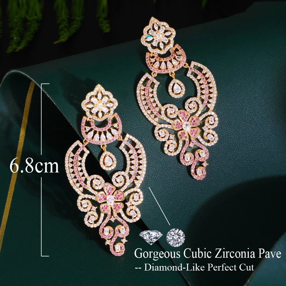 CWWZircons Luxury Statement Pink Red Cubic Zircon Long Big Earrings for Women Vintage Ethinc Wedding Bridal Party Jewelry CZ685