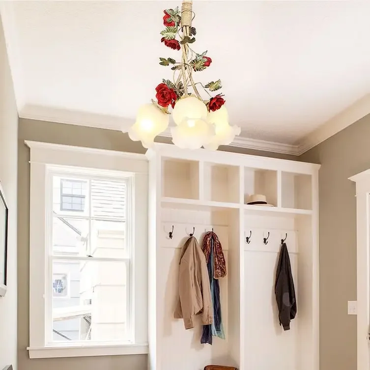 

Pastoral Style Dining Room Chandelier Handmade Iron Red Rose 3 Heads, Small Dining Room Bedroom Lamp, Flower and Grass Lamp