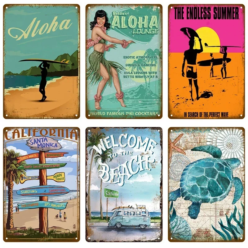 Vintage Aloha California Beach Surfing Theme Metal Tin Signs Retro Hawaii Pin-up Girl Ocean Sea Turtle Landscape Iron Plaque Wall Decor for Tiki Bar Pub Bedroom Home Beach Corner Wall Art Gift For Surf & Summer Lovers
