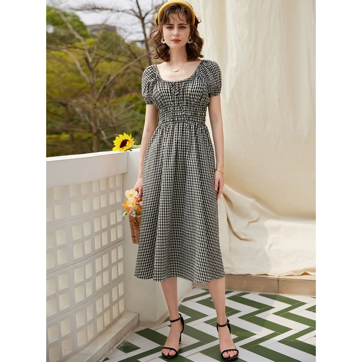 LOUIS YAO Plaid Puff Sleeve Dress French Style Square Neck Short Sleeve Check Dress 2024 Summer A-LINE Casual Long Dress