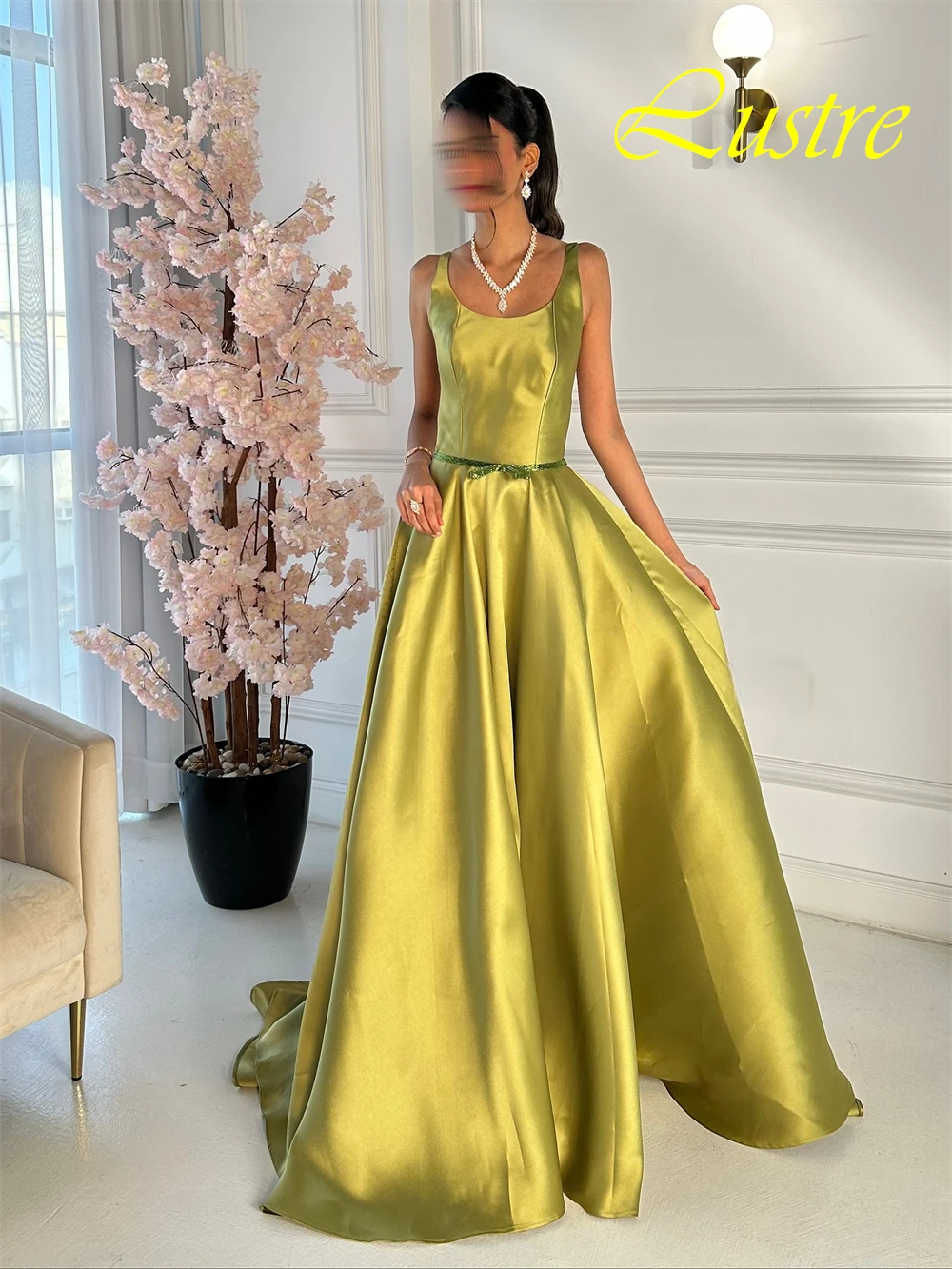 

Customized Luxury O-Neck Satin Evening Dress Exquisite Chapel Train Prom Dresses Modern Sleeveless Special Occasion Gowns