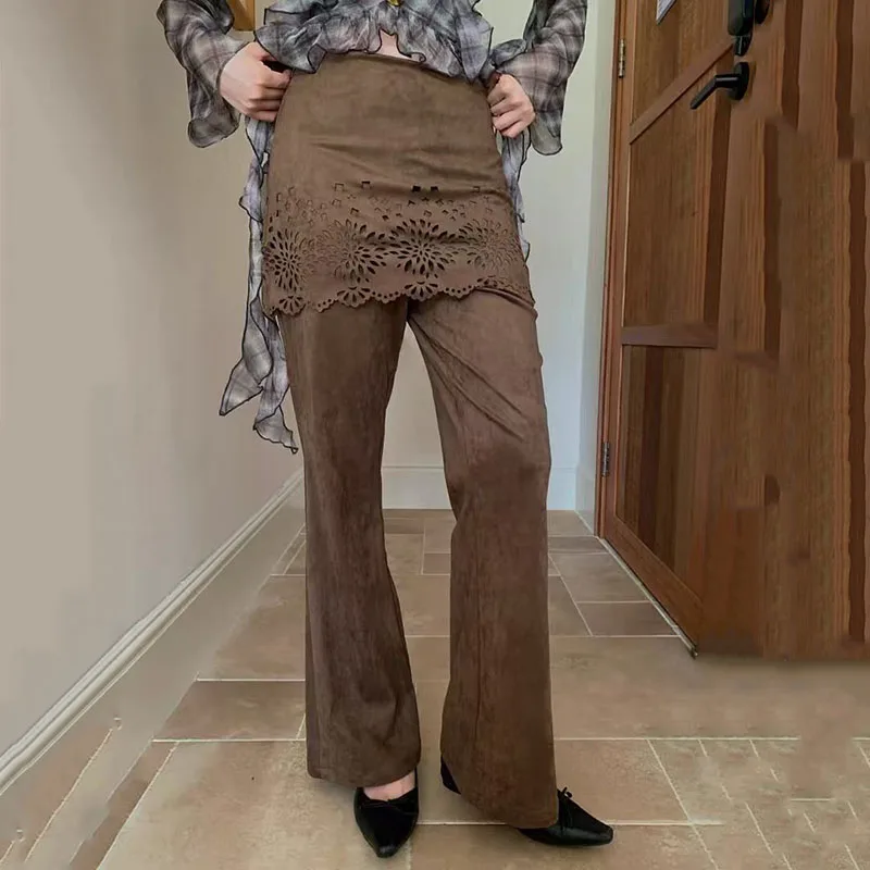 Retro Hollow Out Patchwork Wide Leg Pants Women Fall High Waist Fake 2 Piece Flared Pants Elegant Office Lady Straight Trousers
