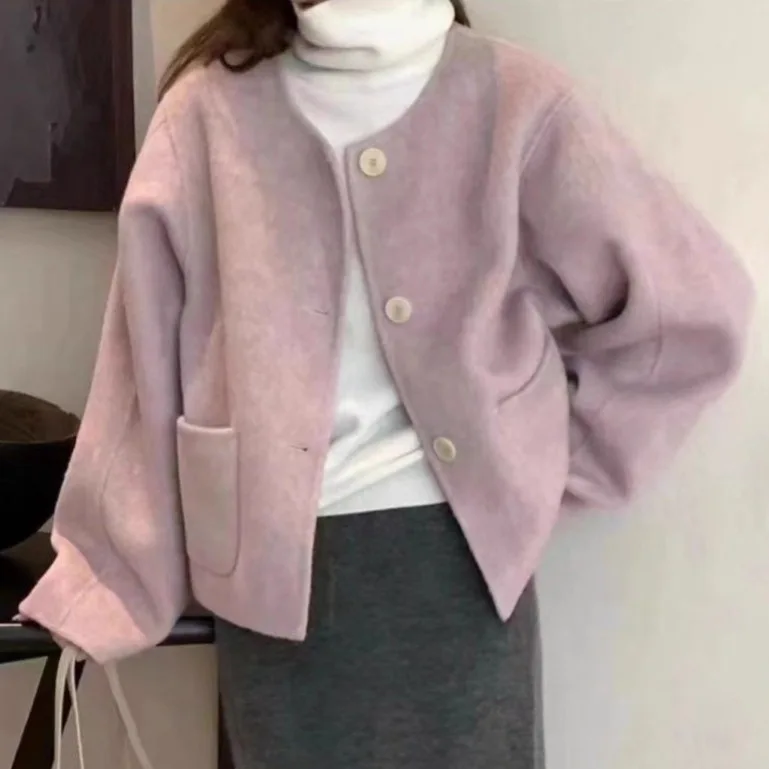 French Style Small Shawl-Style Purple Round-Neck Woolen Coat for Petite Women, Loose-Fitting and Slimming Top