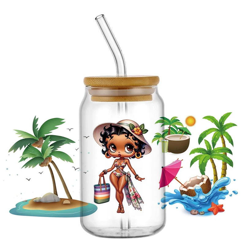 3D Modern Girl Design UV DTF Cup Wrap Sticker for 16oz Libbey Glasses Washable DIY Mug Fashion Girl Transfer Sticker