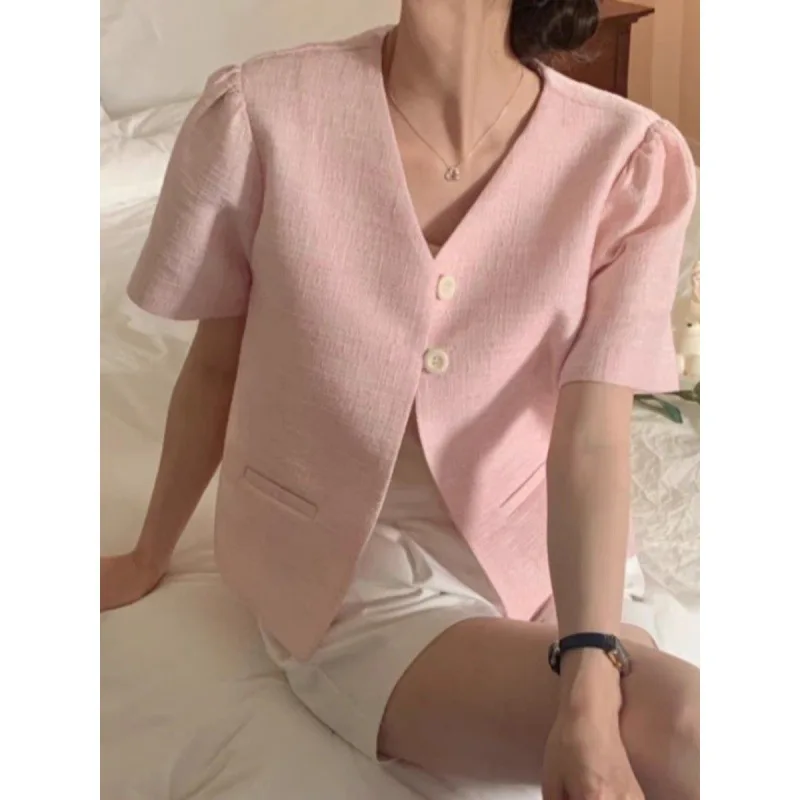 

Korean Chic Summer New Jackets Women's Solid Color V-neck Patchwork Pockets Button Loose Fashion Ruched Short Sleeve Suit Coats