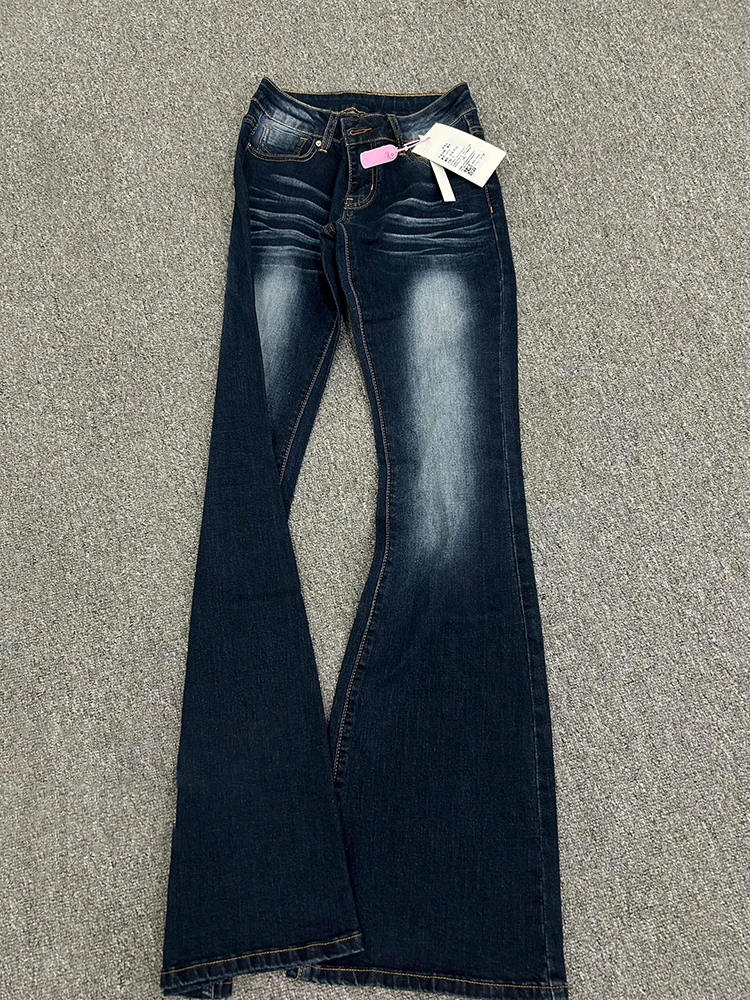 Retro azul cintura baixa queimado jeans feminino primavera 2025 fino ajuste bootcut calças compridas perna reta jeans cor profunda