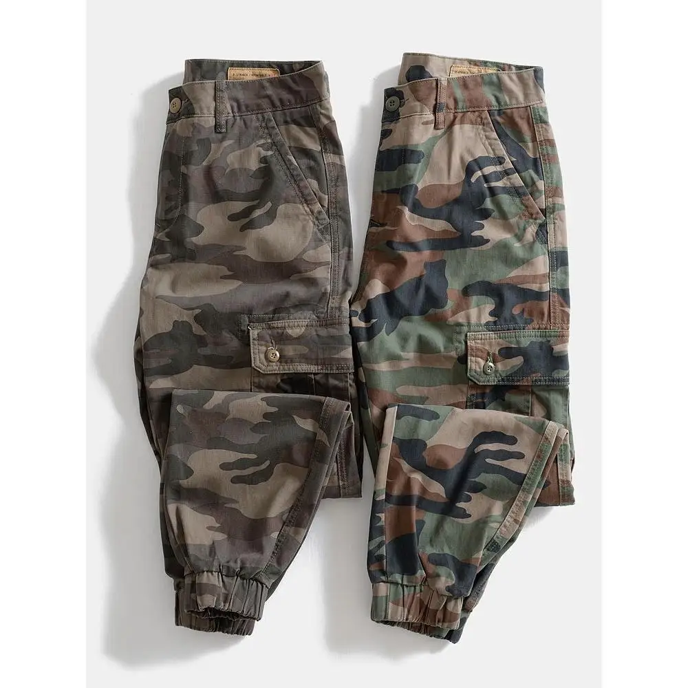 Retro Heavyweight Camouflage Workwear Pants Men's Outdoor Multi-Pocket Casual Trousers Loose Fit Polyester Fiber Long Trousers