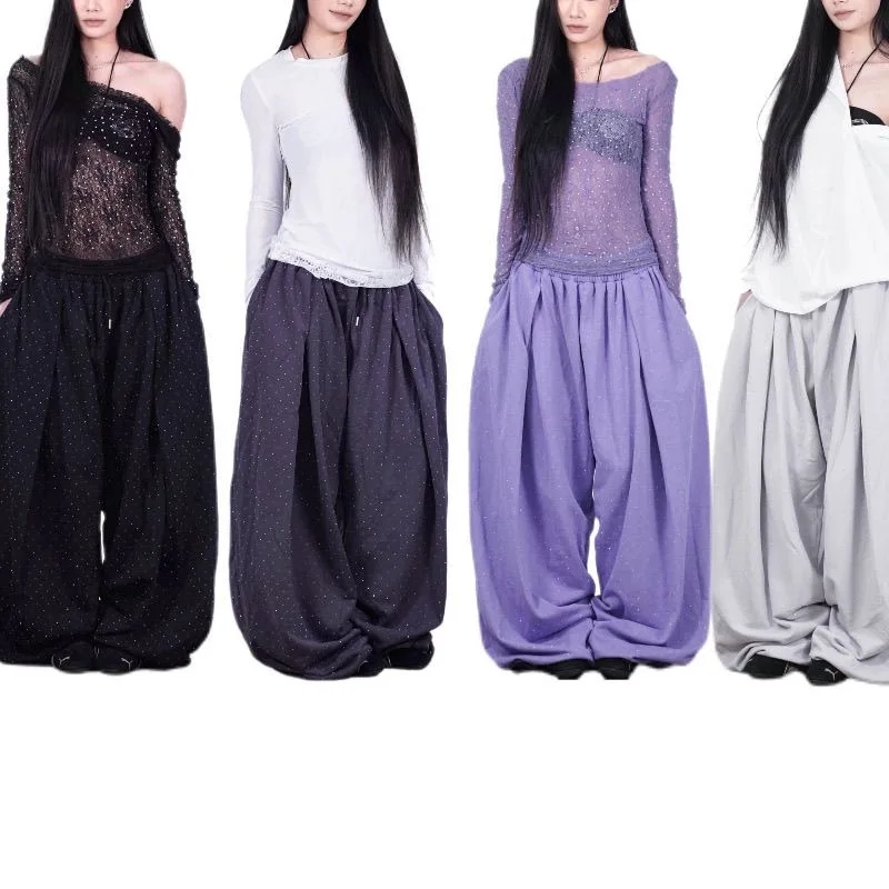 American Style Hip Hop Street Dance Loose Women's Sweatpants Glittering Diamond Floor-Length Pants Casual Cotton Trousers