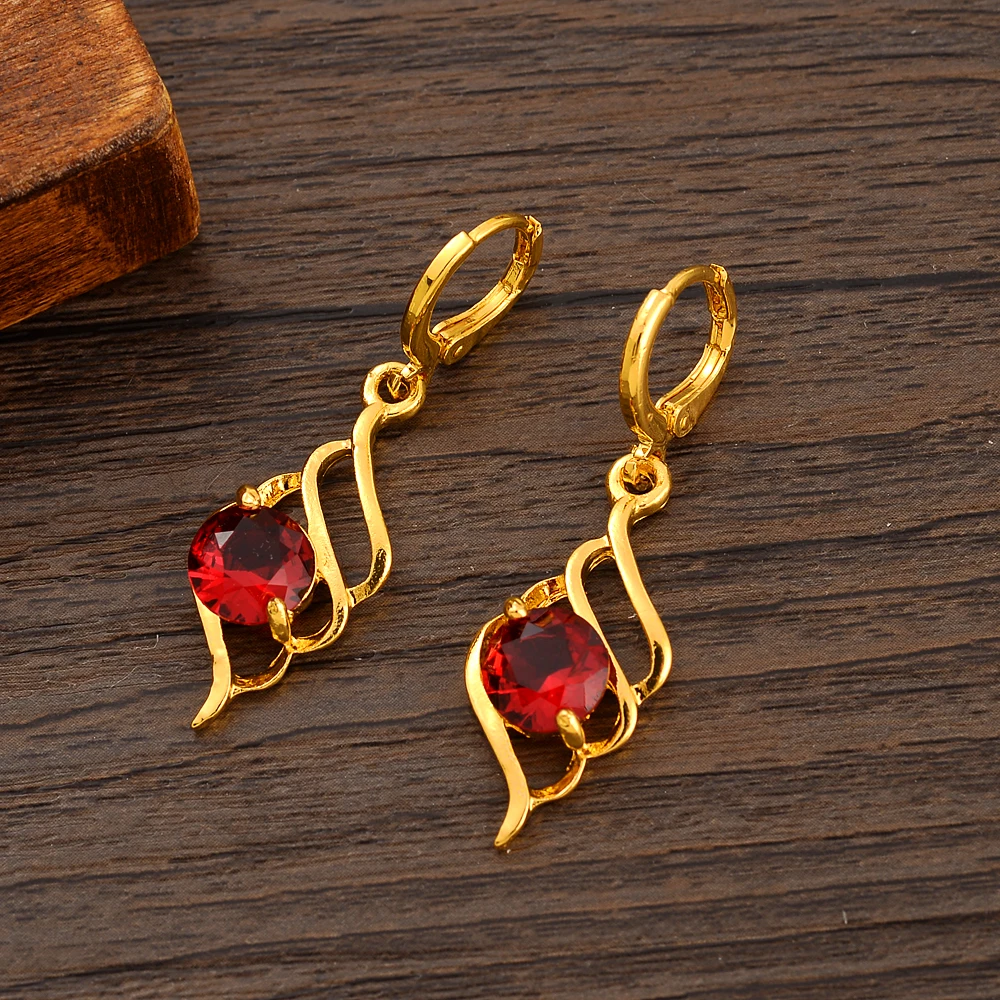 Gold Color Necklace Earring Dubai Jewelry Sets Red Zircon Party Gift Charms For Women