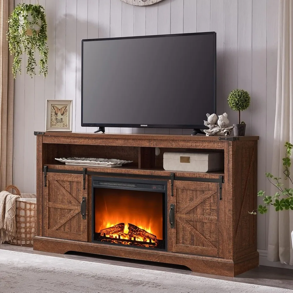 Fireplace TV Stand for 65+ Inch TV, Entertainment Center W/ 23'' Electric Fireplace & Liding Barn Door, 33