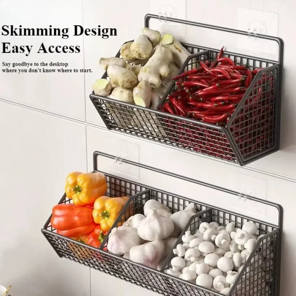 

Wall-mounted Kitchen Storage Basket Perforation-free Iron Partition Storage Rack for Kitchen Ingredients Sorting Storage Basket