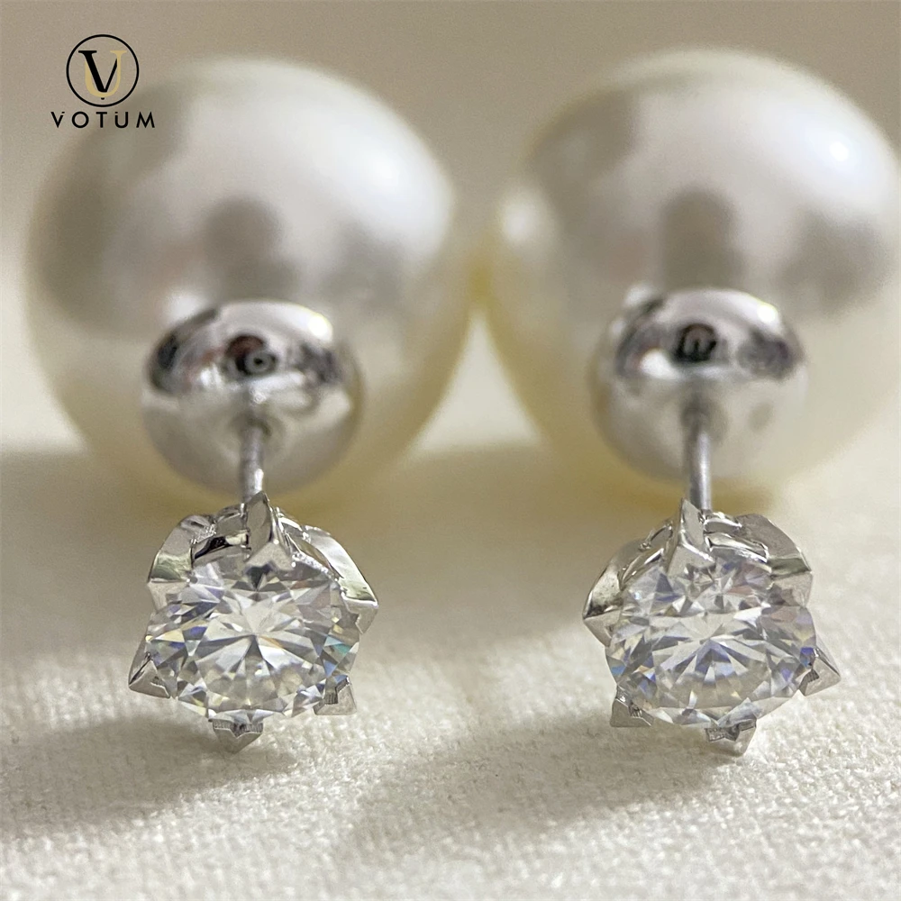 Votum 0.5/1ct جولة D اللون مويسانيتي 925 الفضة 18K الذهب الأبيض مطلي القرط مربط للنساء لؤلؤة كبيرة مجوهرات الزفاف الزفاف