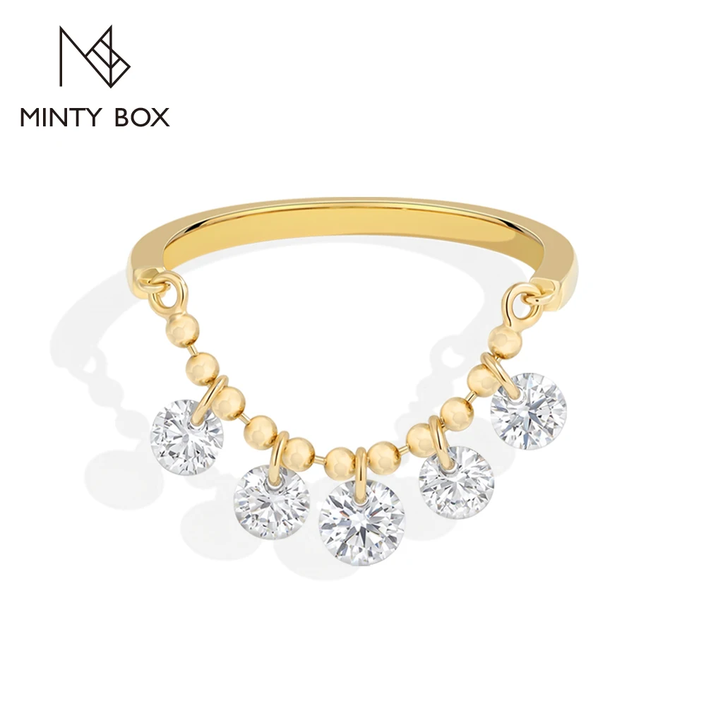 MINTYBOX S925 Silver Round Drilled Moissanite Rings Copper Bead Chain Dangle Ring for Women Men Dainty Daily Wear Office Jewelry