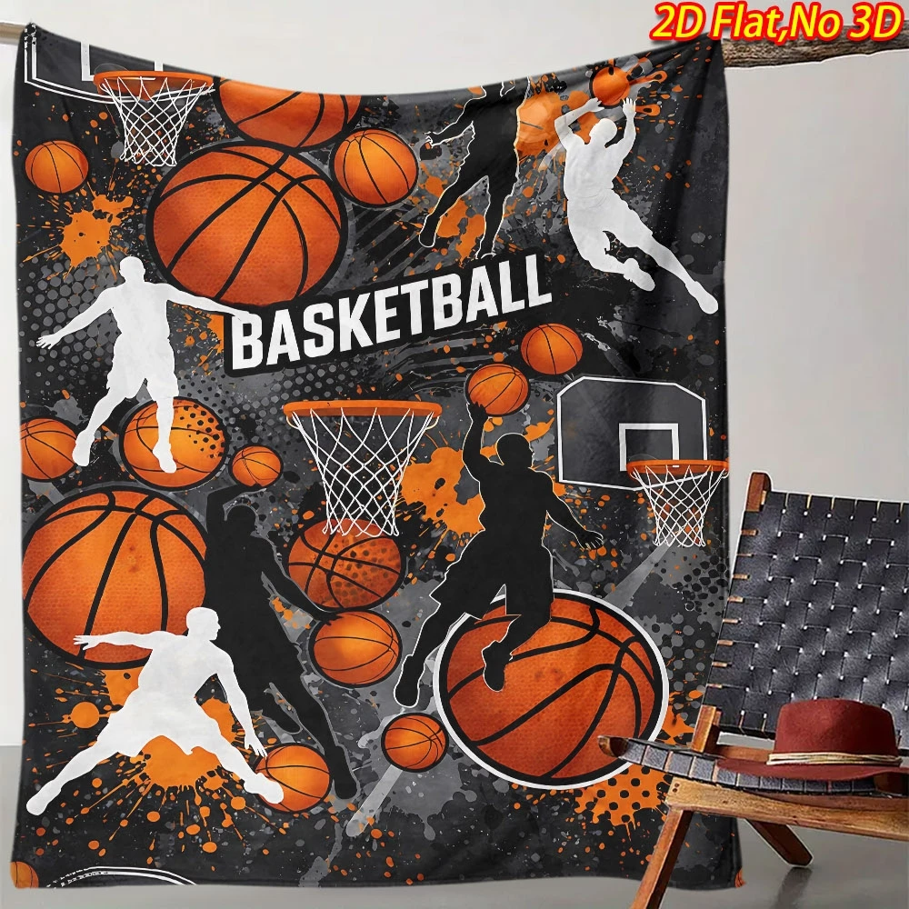 1pc 2D Flat Printing Spring & Summer New Arrival Skin-Friendly Basketball Game Themed Flannel Blanket, High-Definition Digital P