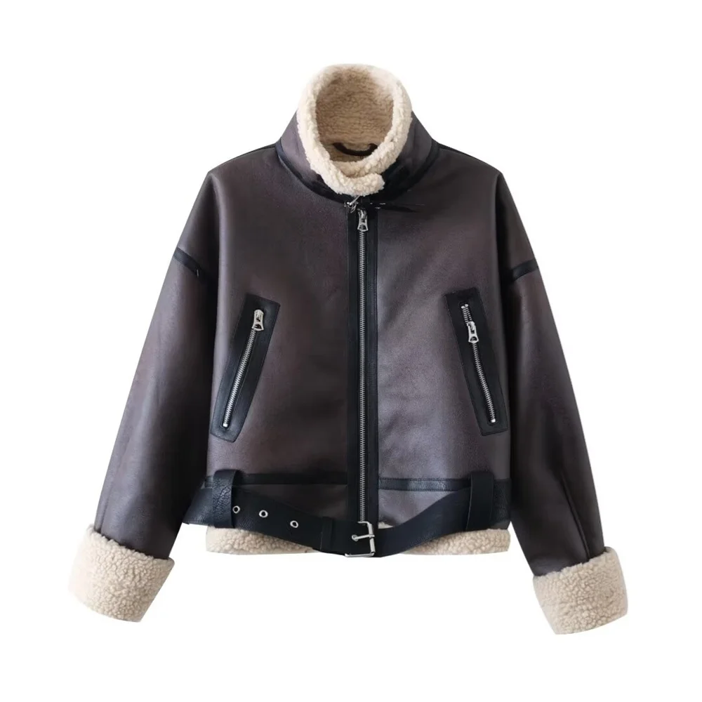UNIZERA 2024 Autumn/Winter New Product Fashion Casual Women\'s Wear Fur Integrated Double sided Fleece Motorcycle Jacket Jacket