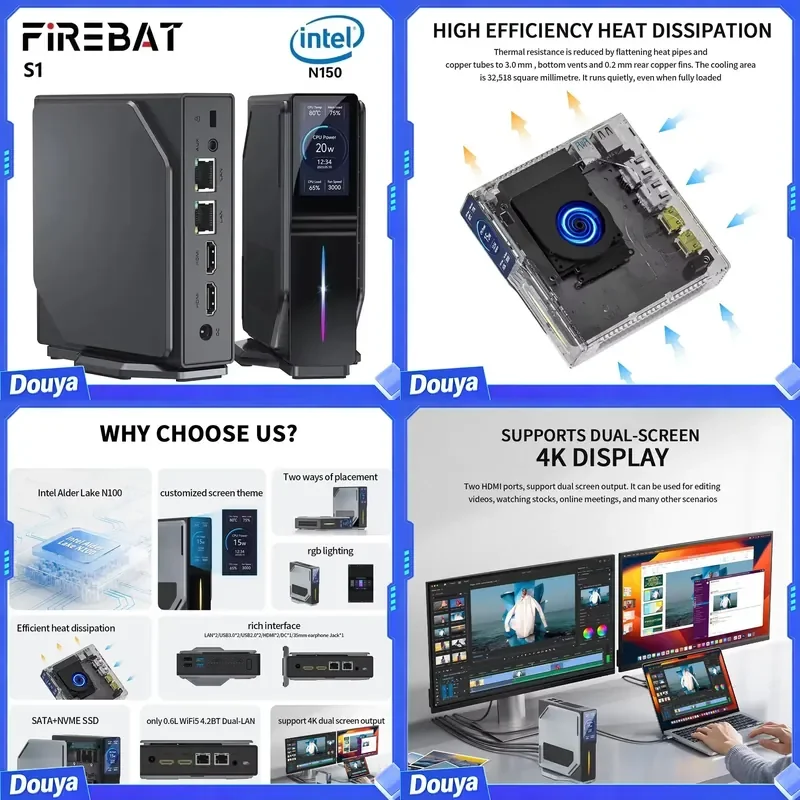 FIREBAT Mini PC N95/N150/N100 CPU 8GB 16GB RAM 128GB 256GB 512GB SSD MiniPC 4 Core WiFi5 BT4.2 Mini Computer with