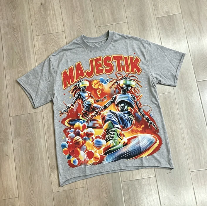 2026 Men Futuristic Robot Skateboard Graphic T Shirt Full Print Streetwear Crewneck Tee