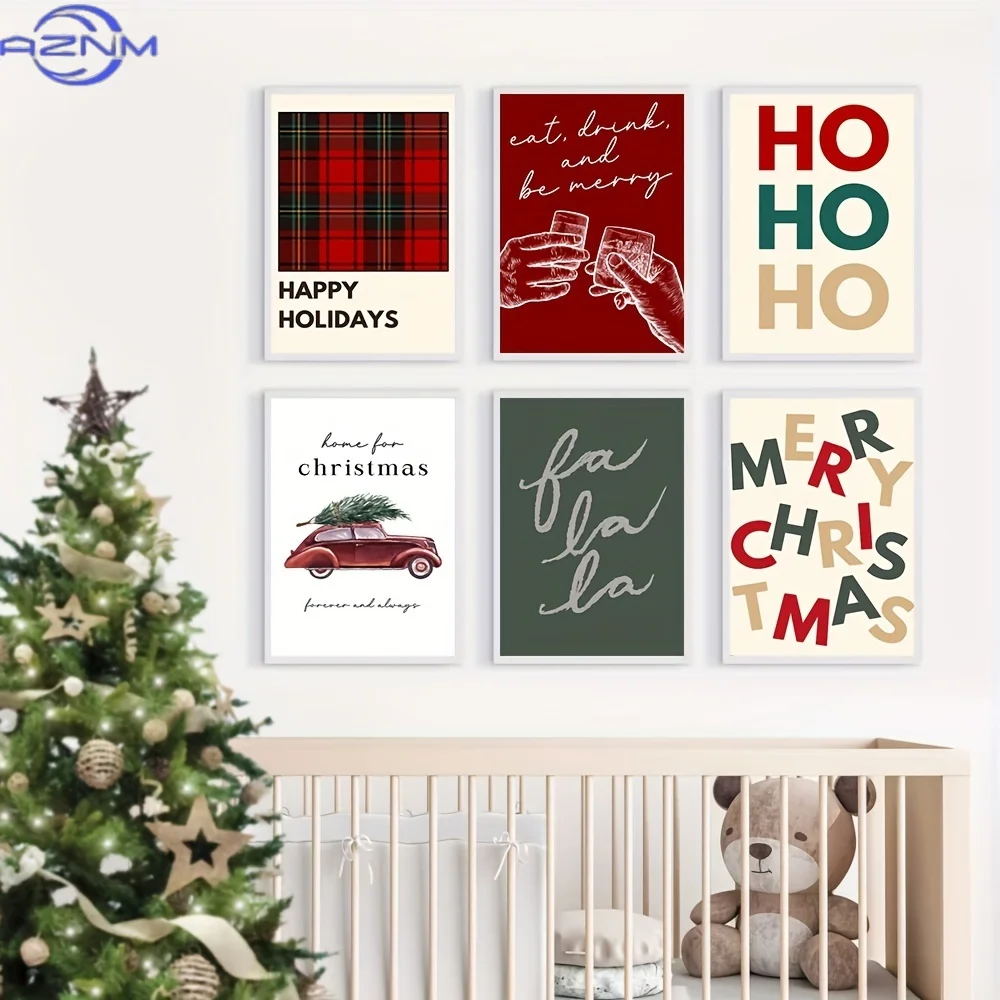 2D/FLAT 6pcs Unframed Canvas Art Poster Set Featuring a Design, Includes Six Unframed Nordic-Style Christmas Red Car Hazel Wood