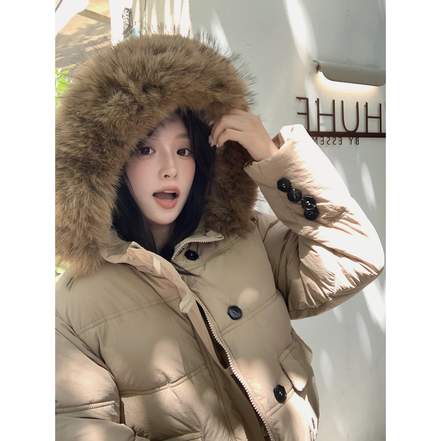 Piumino invernale con cappuccio da vacanza a maniche lunghe nero beige da donna kaki elegante giacca corta calda allentata monopetto semplicità