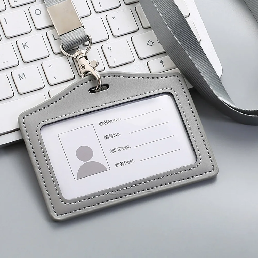 

High Quality Genuine Leather Work Card Holder With Neck Lanyard Solid Color ID Card Cover ID Badge Holders