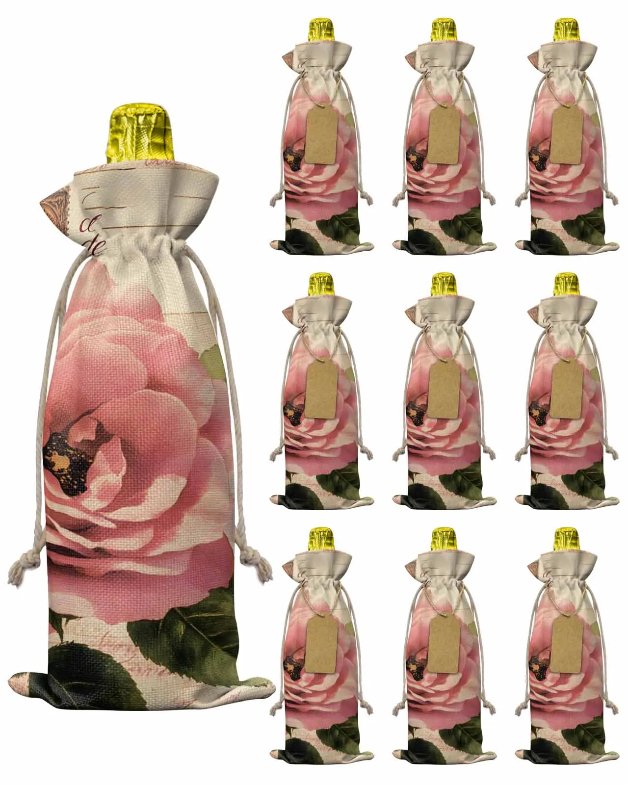 

10pcs Wine Bottle Covers Vintage Pink Flower Tower Wine Holder Carrier Packaging Bag Wedding Party Decor Gift