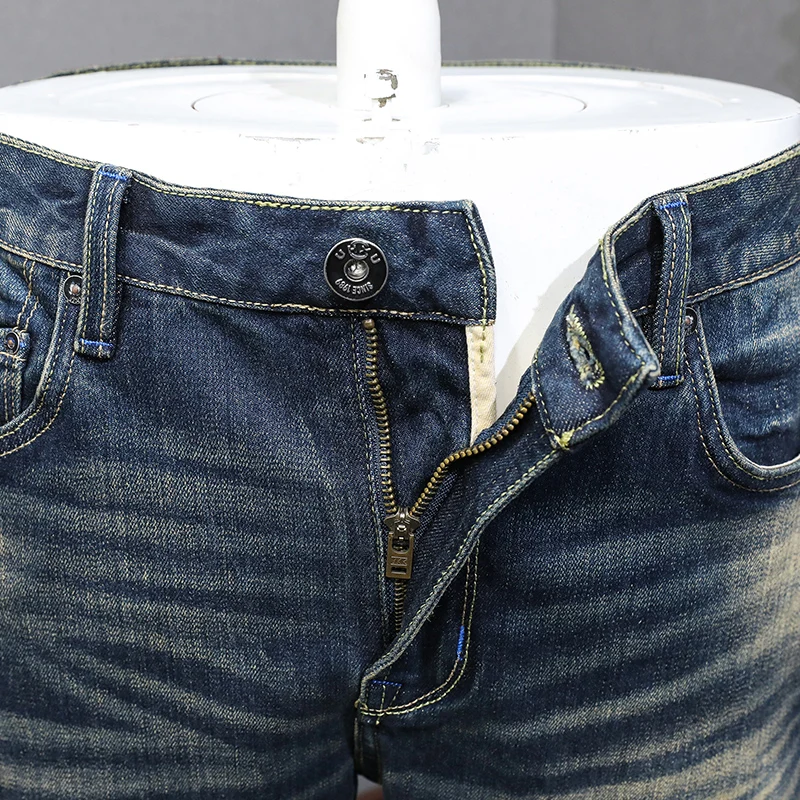 Fashion Designer Men Jeans High Quality Retro Washed Blue Stretch Slim Fit Ripped Jeans Men Slevedge Vintage Denim Pants Hombre