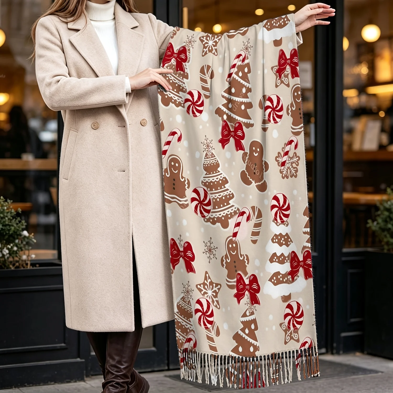 2D Flat, Fringe Shawl Scarf with Brown Cookie Tree-Shaped Decoration, Red and White Candy, Red Bow, Light Brown Base