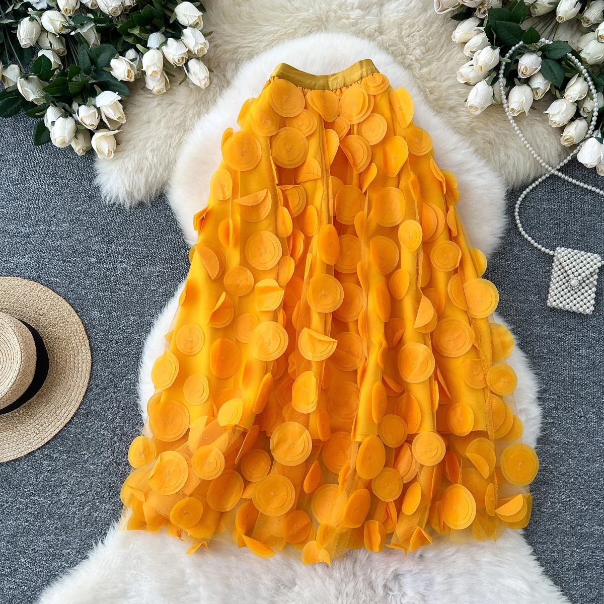 Yellow 3D Polka Dot Elegant Long Tulle Skirts Womens 2026 Summer Spring Fashion A-Line High Waisted Elastic Midi Mesh Skirt Tutu