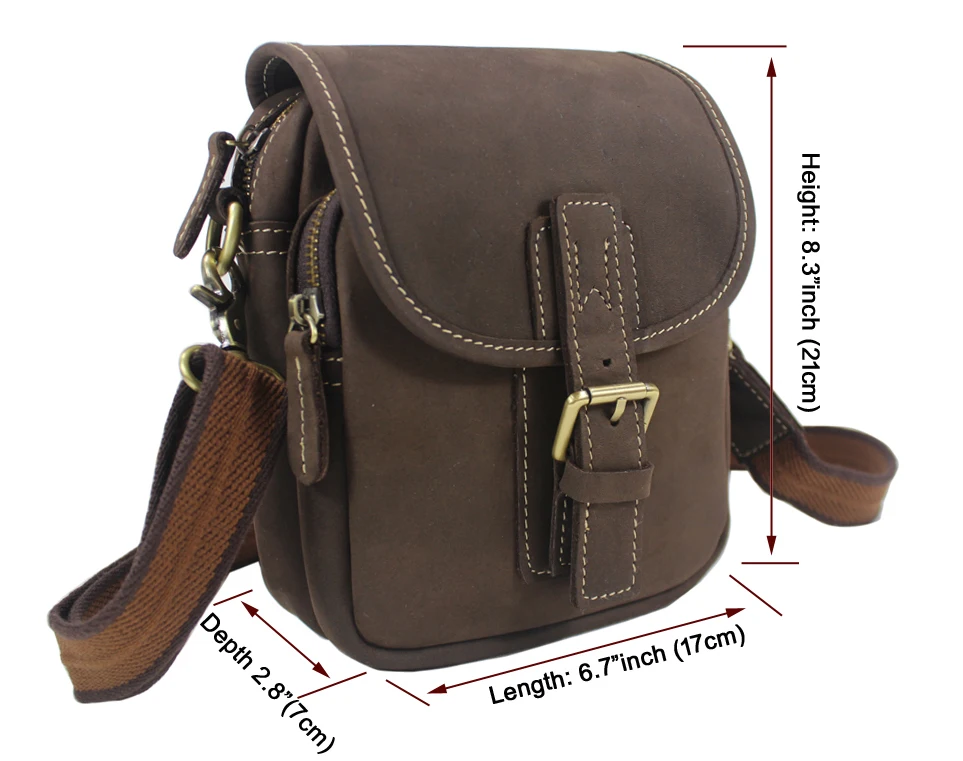 Vintage Crazy Horse Leather Men's messenger bag Genuine Leather shoulder bag for man Crossbody Bag Small Sling Casual Bag Brown