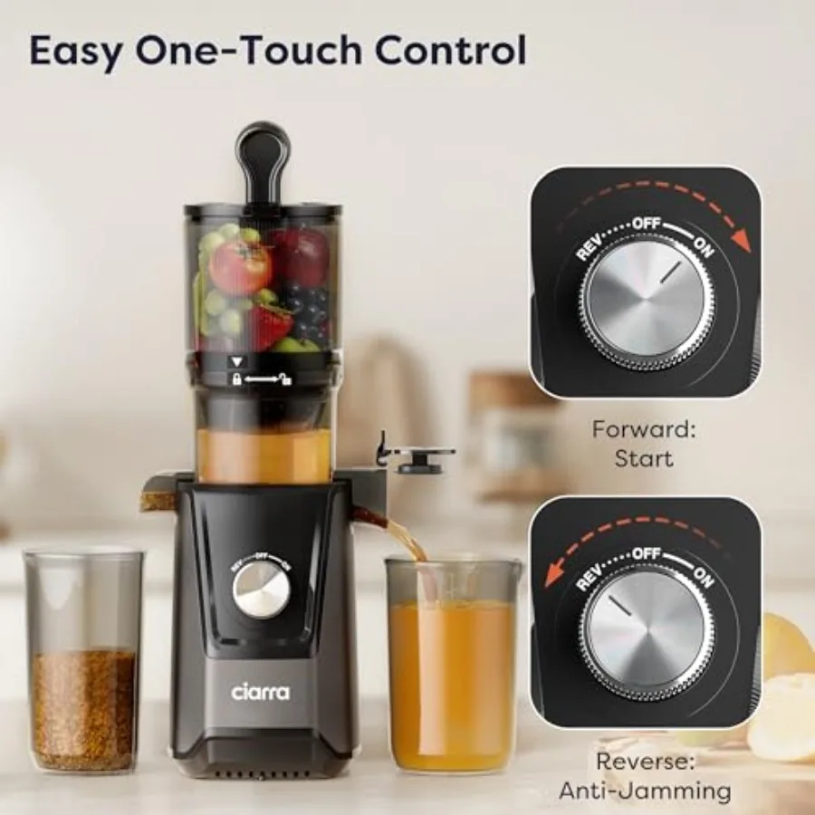 4.3インチの大型投入口と静音モーターを備えたコールドプレスジューサーで、効率的なジュース抽出が可能。406オンスのBPAフリーデザインで90％のジュースを抽出します。