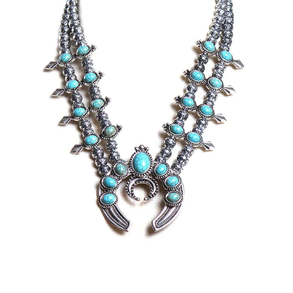 

Blue Turquoise Vintage Alloy Ox Horn Necklace for Women Elegant Jewelry Dinner Party Retro Style Vintage Alloy Necklace