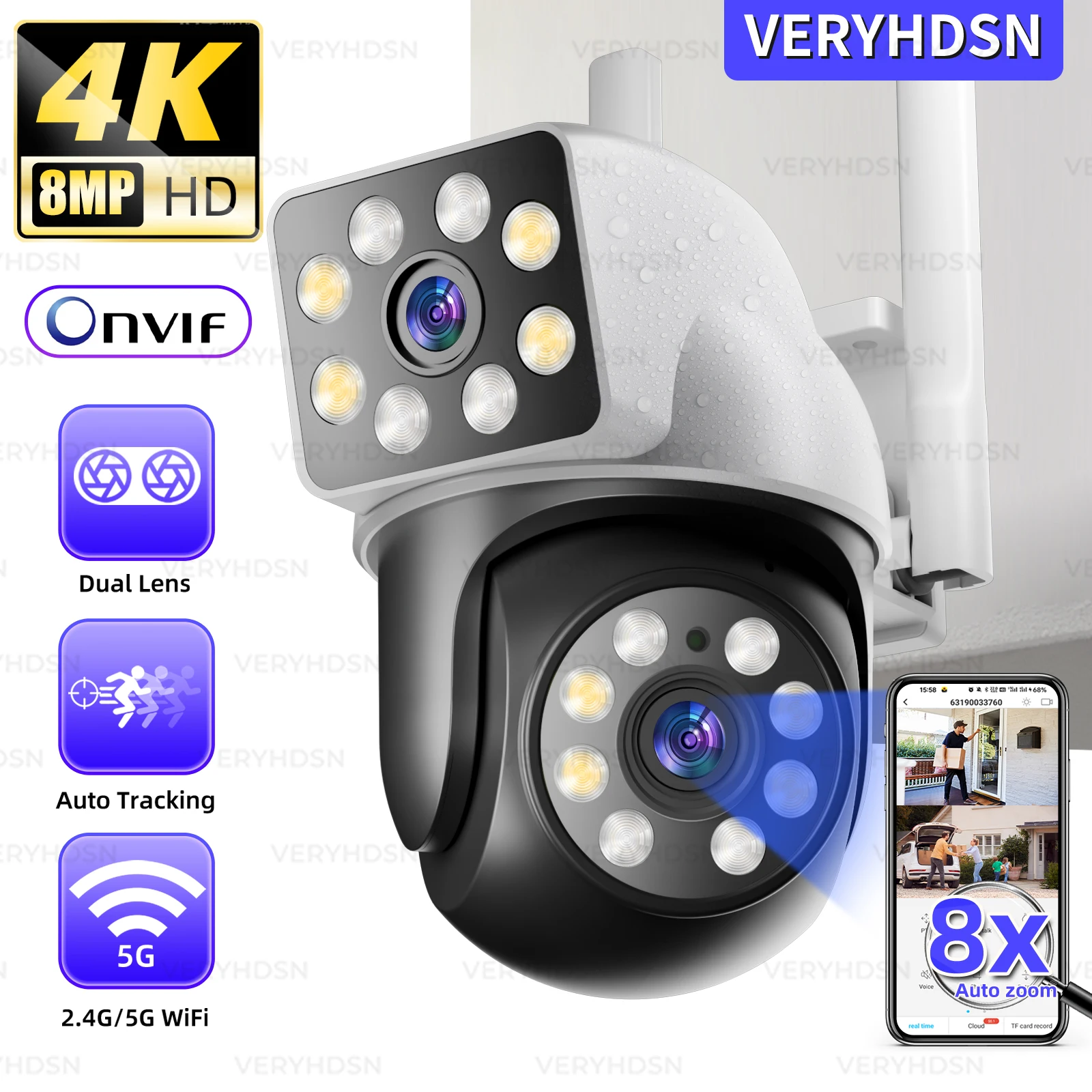

4K 8MP WIFI Camera Dual Lens Dual Screen IP PTZ Camera Outdoor AI Human Detect 8X Zoom Full Color Night Vision CCTV Surveillance